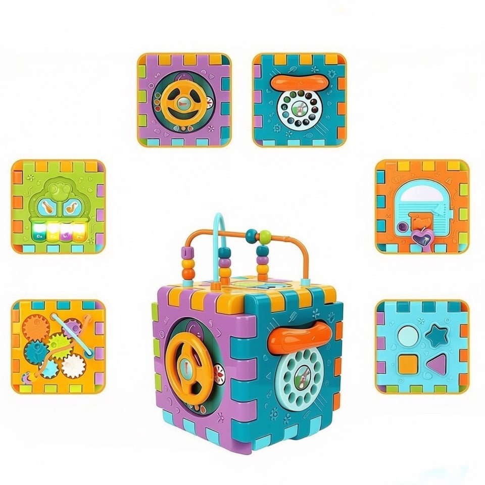image 1 of 6-in-1 Educational Baby Activity Cube with Music, Lights, Piano, Shape Sorter, Steering Wheel & Phone - Montessori Learning Toy for Babies 6-12 Months & Toddlers 1-3 Years - Sensory Development Gift