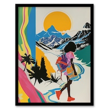 Fun Bright Sun Mountains Abstract Girls Bedroom Hike Black Framed Wall Art Print A4