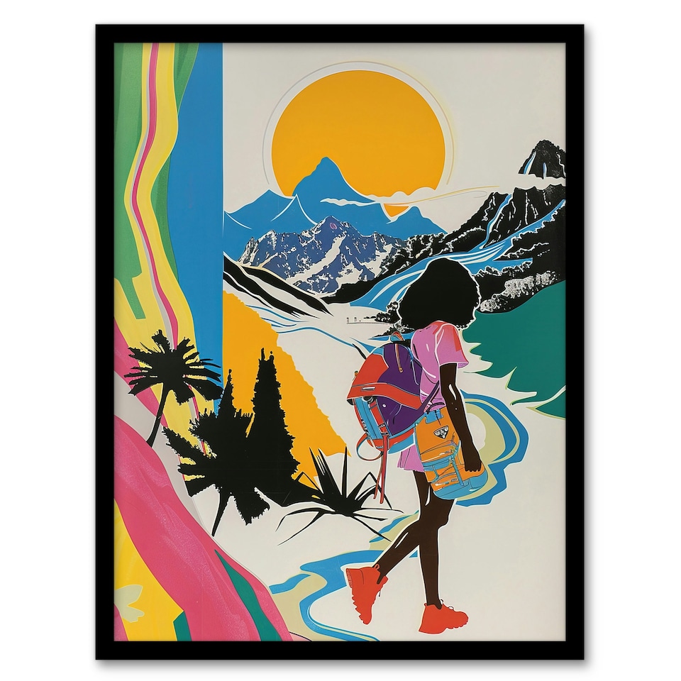 image 1 of Fun Bright Sun Mountains Abstract Girls Bedroom Hike Black Framed Wall Art Print A4