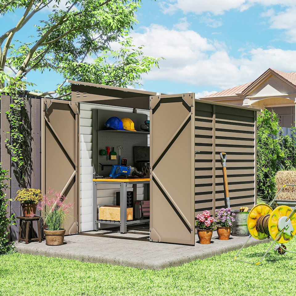 image 1 of Outsunny 5 x 9ft Galvanised Metal Garden Shed with Foundation Kit, Outdoor Leanto Shed, Tool Storage House with Lockable Doors, Gloves and 2 Air Vents for Patio, Garden, Grey | Grey | Grey