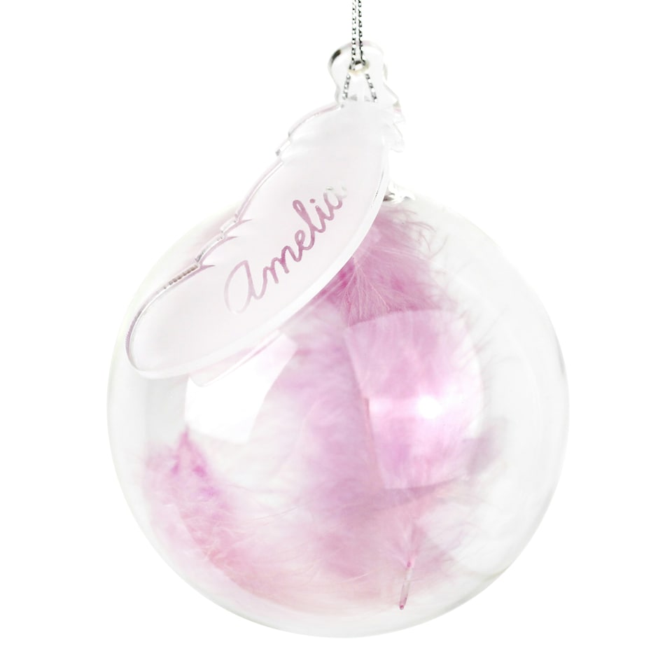 image 1 of Personalised Pink Feather Glass Bauble