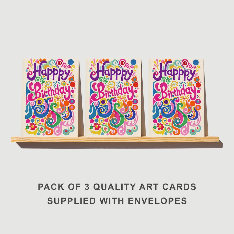 image 1 of Retro Hippy Flower Birthday Card Colourful Fun Set of 3 Greeting Cards Blank