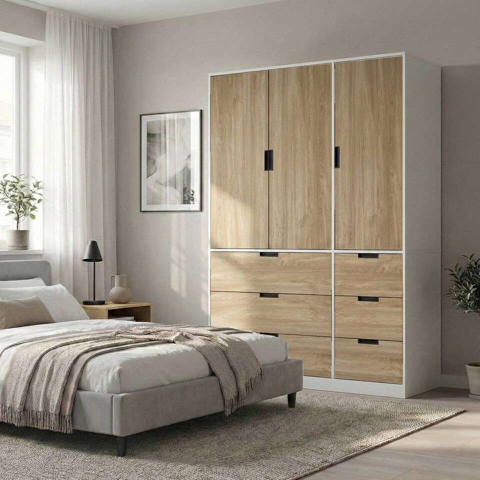 image 1 of RIGA 3 Door 6 Drawer Wardrobe | White | White & Oak | 10 x 44.5 x 79 | 1