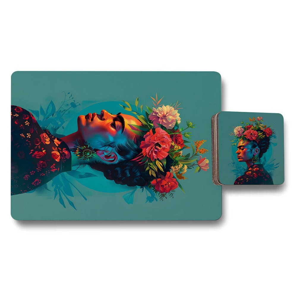 Floral Headdress Art Print Twelve Piece Placemat Coaster Set Premium Giclee Collection For Elegant Tables