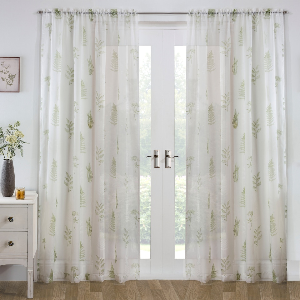 image 1 of Bracken Green Leaf Print Linen-Look Voile Panel - Pair 140 x 122 cm (55x48")