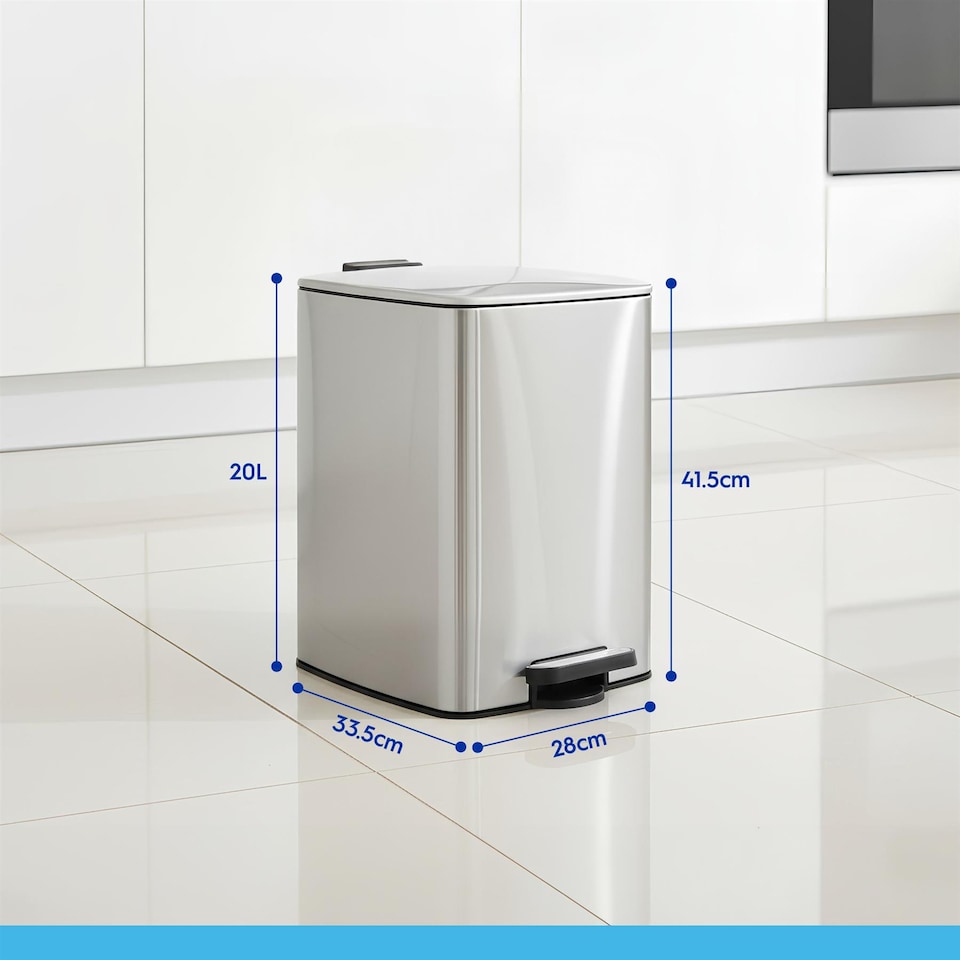 image 1 of Harbour Housewares Square Stainless Steel Kitchen Pedal Bin - 20L | Black | Black | One Size