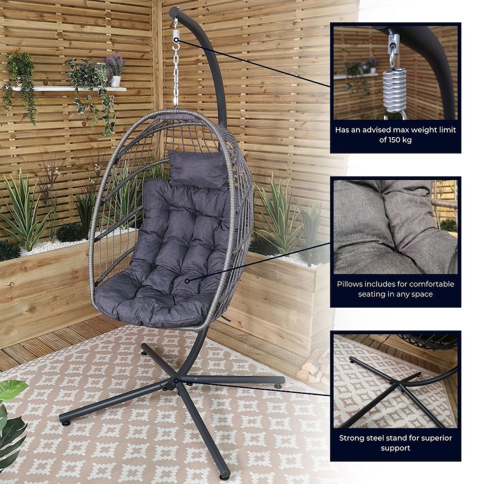 image 1 of Grey Hanging Egg Chair With Stand & Waterproof Cover | Grey | Grey