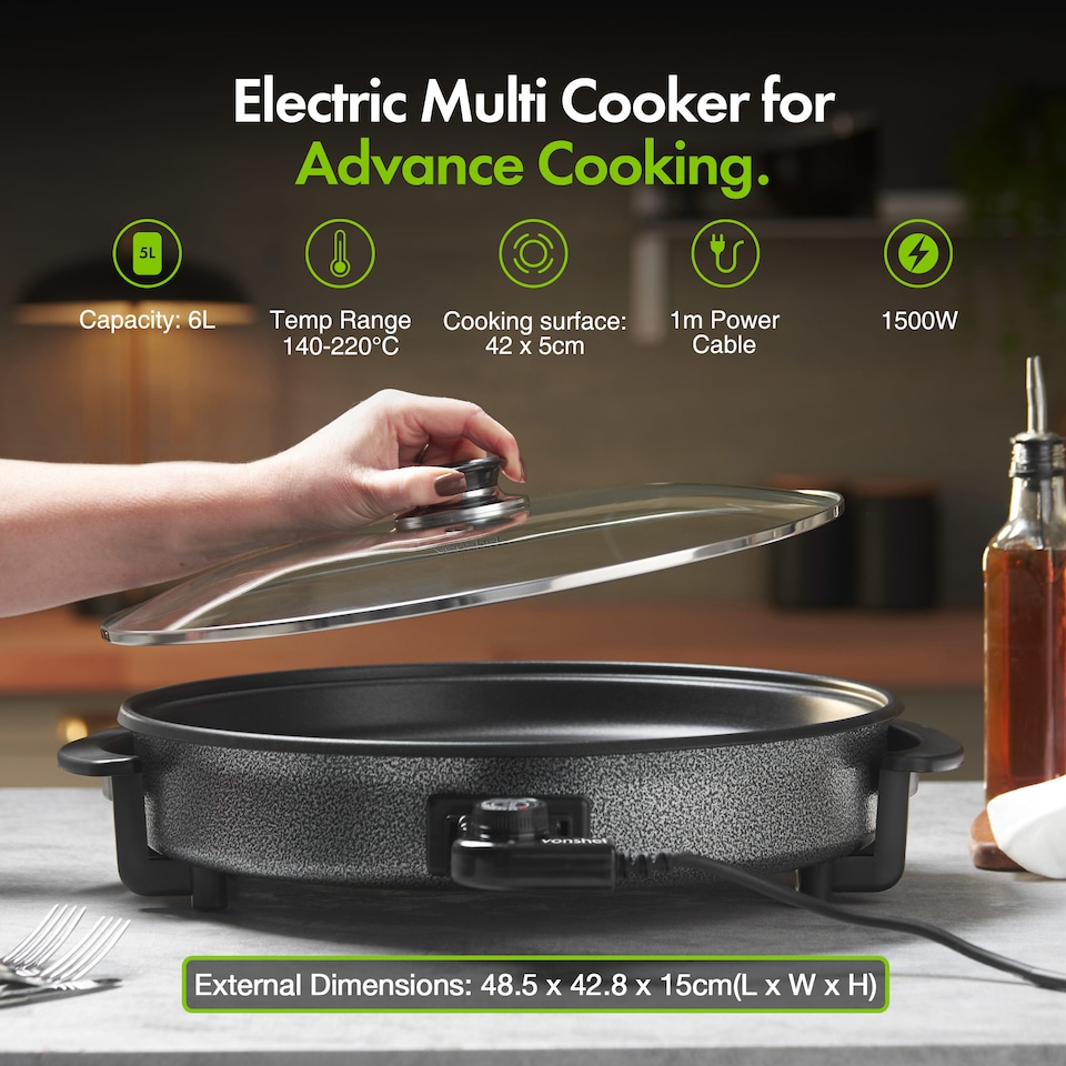 image 1 of VonShef Electric Frying Pan 6L with Glass Lid 1500W