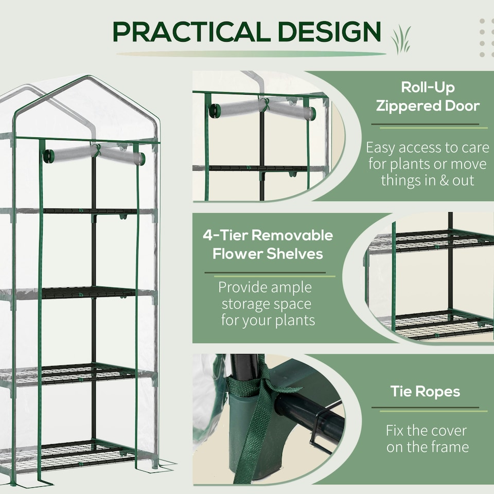 image 1 of Outsunny Portable 4-Tier Mini Greenhouse Plant Grow House Shed w/ Clear Cover