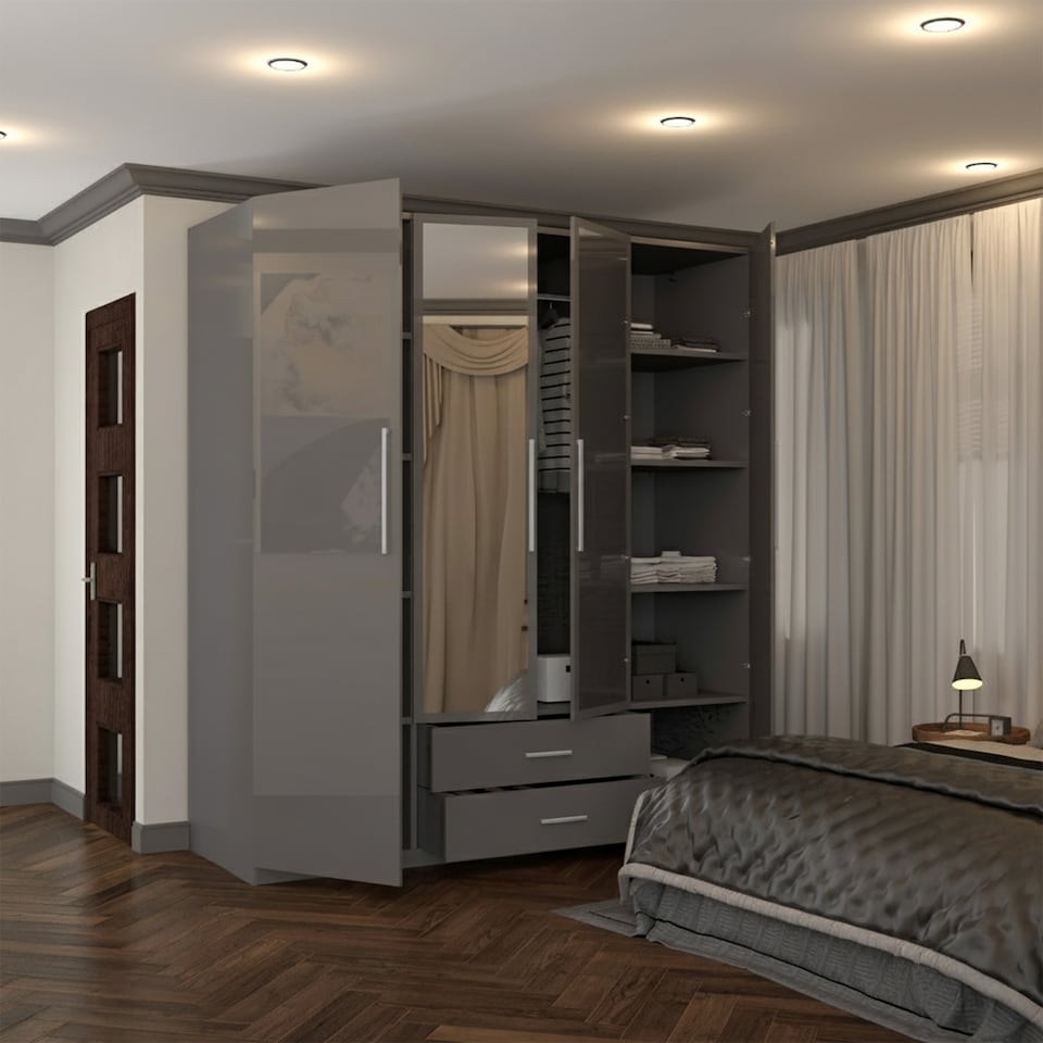 image 1 of Sliding Wardrobes 4U High Gloss Wardrobe Range with Mirror and Silver Handles - 2 3 or 4 Door Sizes White Black or Grey Finish | Grey | Grey 160cm