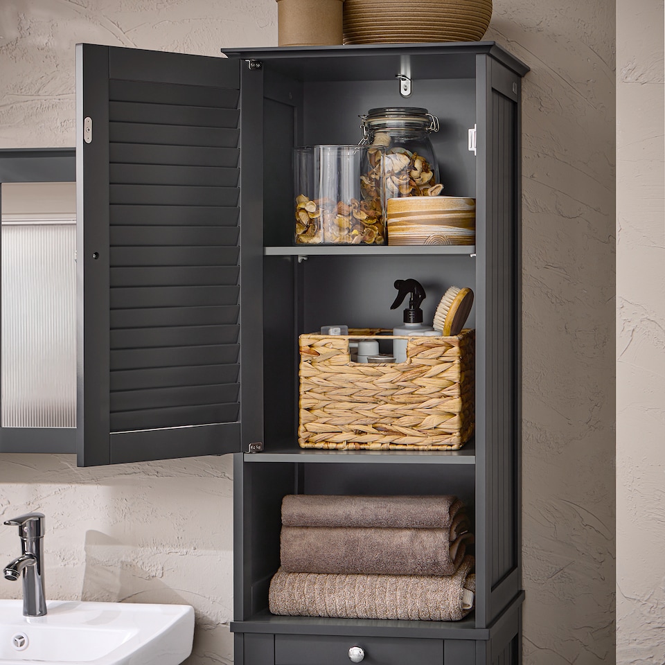 image 1 of SoBuy BZR124-DG,Tall Bathroom Storage Cabinet with Laundry Basket | Grey | Grey | 1