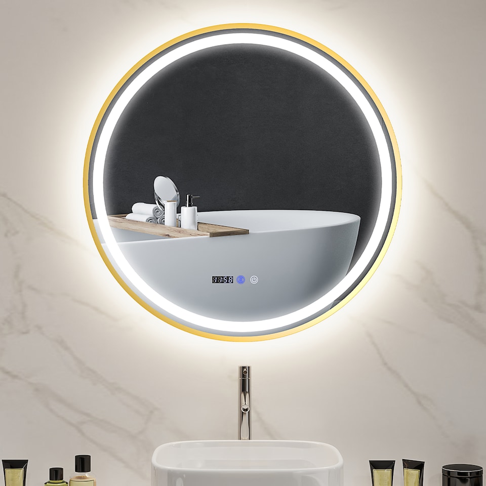 image 1 of HOMCOM 800mm Round Bathroom Mirror with LED Lights, Wall Mounted Backlit Illuminated Bathroom Mirror with Demister, 3 Colours Dimmable, Memory Function, Touch Switch, Time and Temp Display, Gold Tone