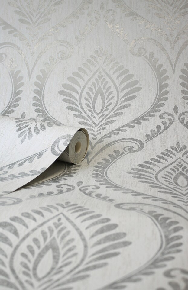 image 1 of Crown M1756 Estelle Damask Wallpaper, Grey