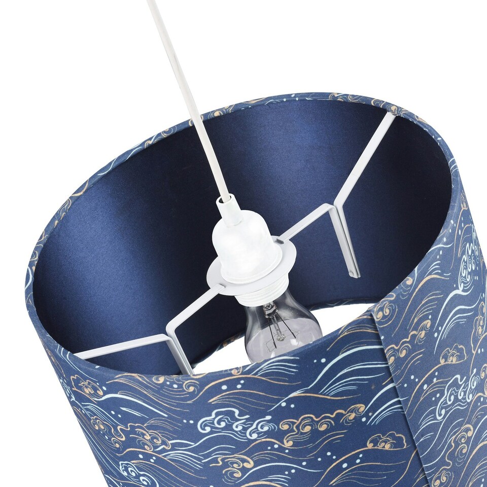 image 1 of Round 30cm Lamp Shade in Midnight Blue Cotton Fabric with Gold and White Waves Blue