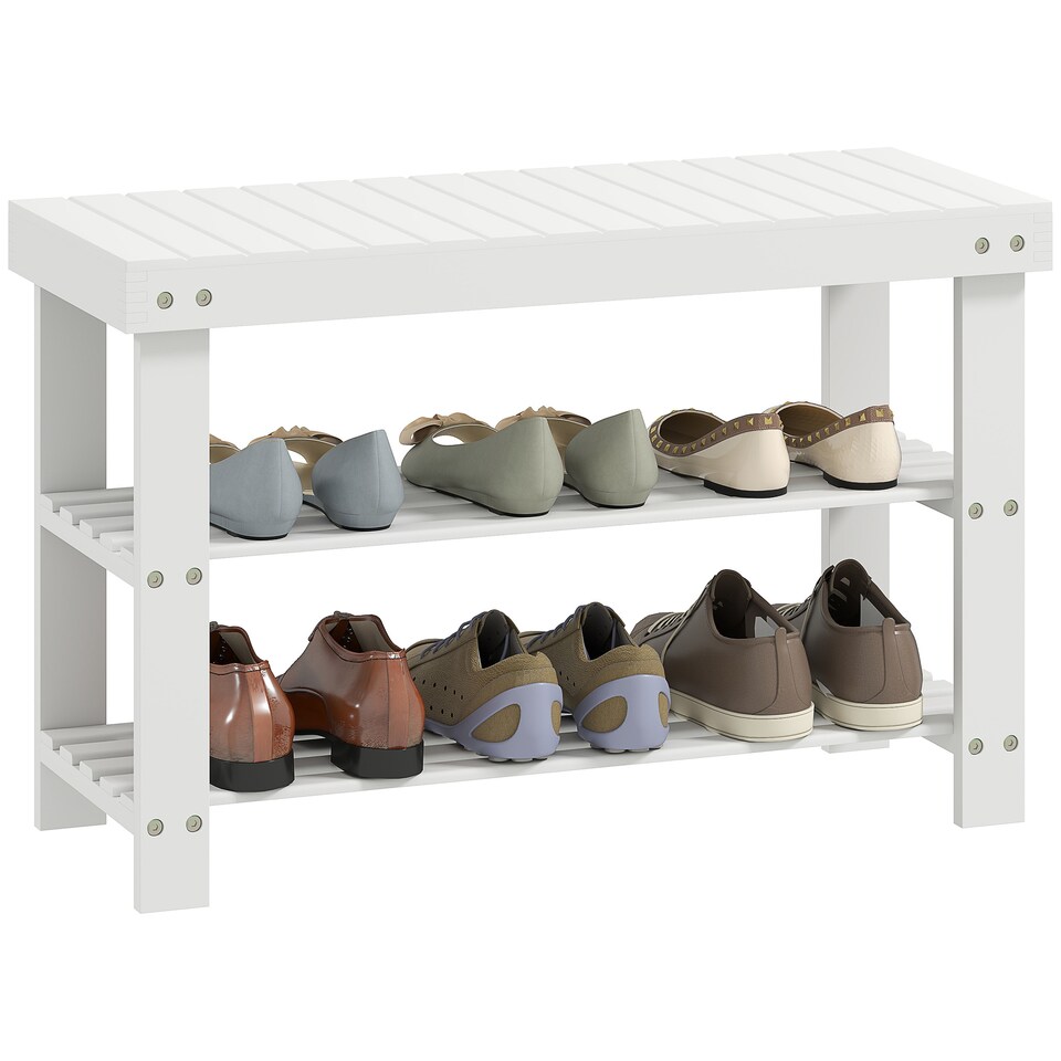 image 1 of HOMCOM Bamboo Shoe Bench, 3-Tier Shoe Storage Bench with Slatted Shelves for Entryway Hallway, Holds 6 Pairs, White | White | White