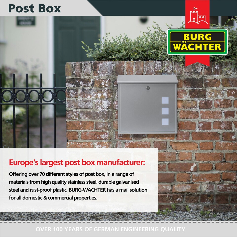 image 1 of Burg-Wachter Aire Wall Mounted Galvanised Steel Lockable Weatherproof Post Box - 37x37x11cm Silver