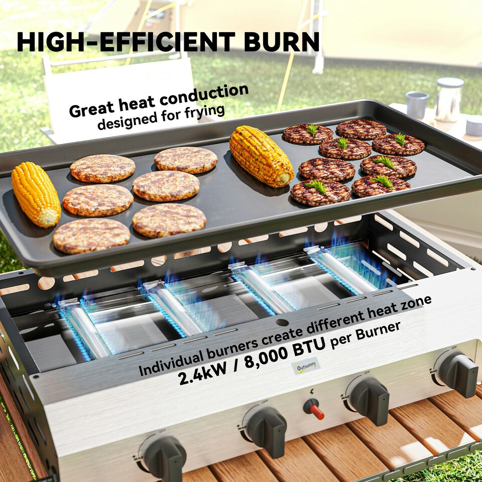 image 1 of Outsunny Gas Grill, Gas BBQ with Non-Stick Griddle for Camping, Silver Tone