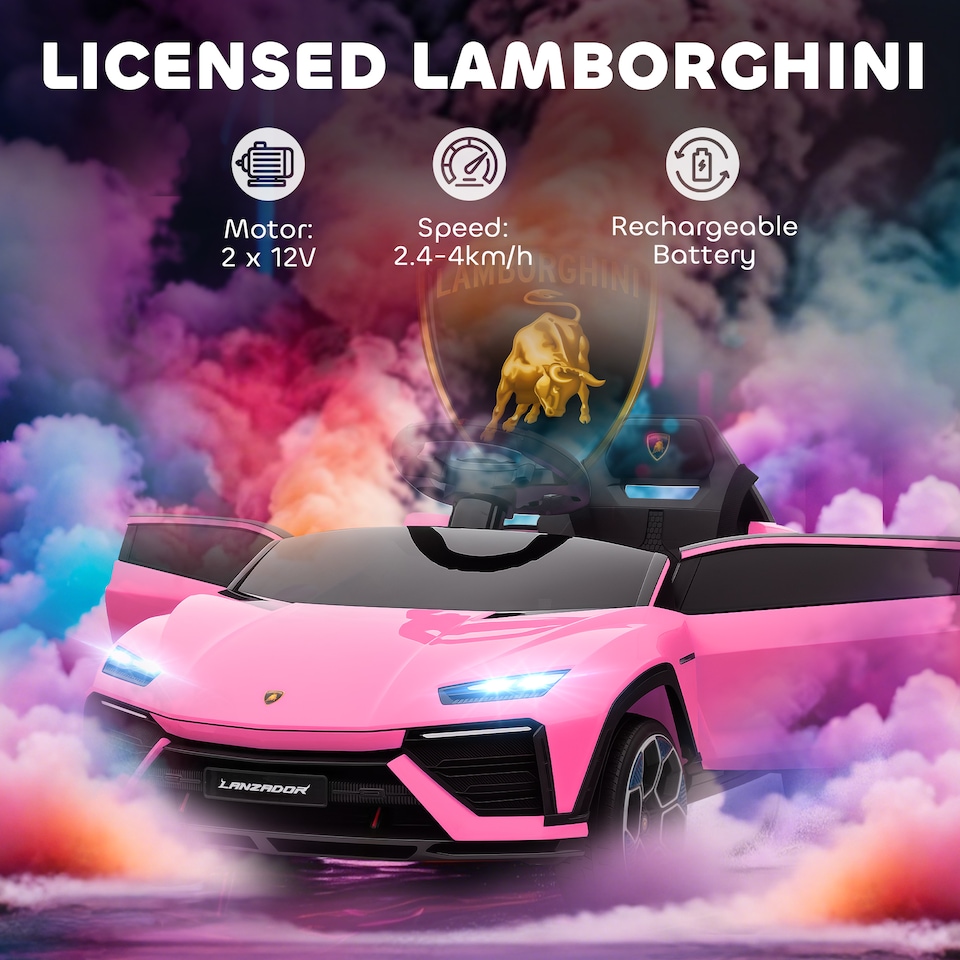 image 1 of AIYAPLAY Licensed Lamborghini Electric Cars for Kids, 12V Battery Powered Ride On Car with Remote Control, Suspension, MP3, Horn, for 3-6 Years Old | Pink
