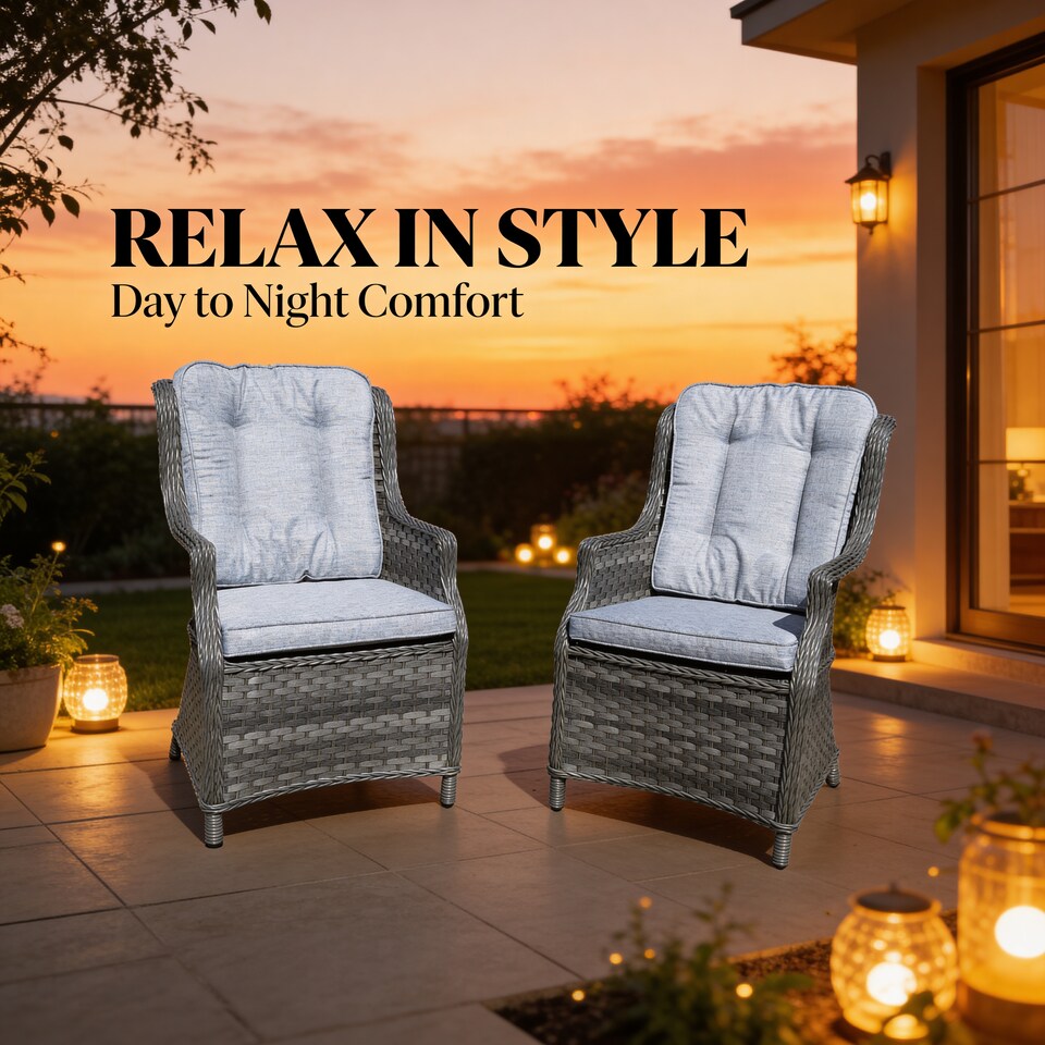 image 1 of Rattan Garden Dining Chairs Set of 2 - Grey Outdoor Patio Chairs with Cushions, Weatherproof Wicker Furniture
