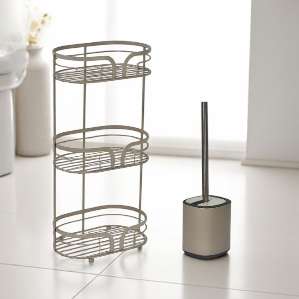 image 1 of Showerdrape Beige Bathroom Accessory Set Floor Caddy with Toilet Brush and Holder | Cream