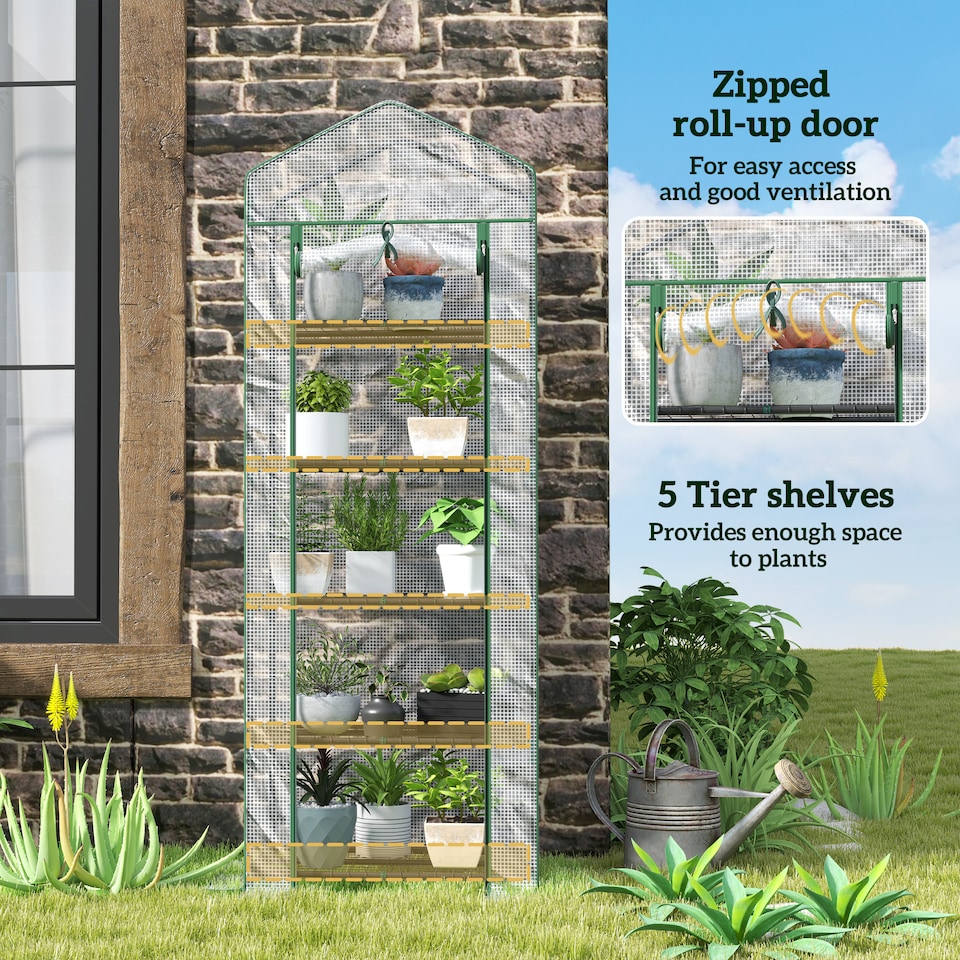 image 1 of Outsunny 5 Tier Mini Greenhouse Grow House w/ Roll Up Door, White/Green | Green | 1