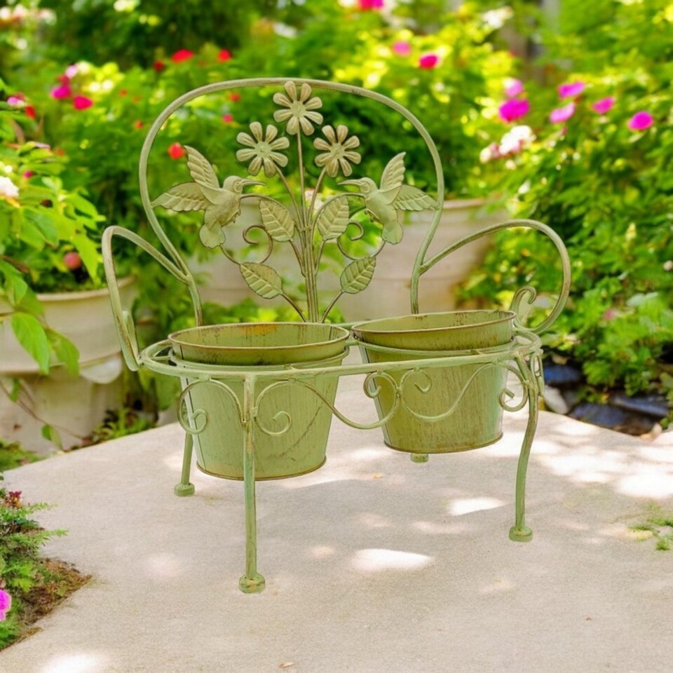 image 1 of Double Garden Planter - Metal - L29 x W46 x H44 cm - Leaf Green | Green