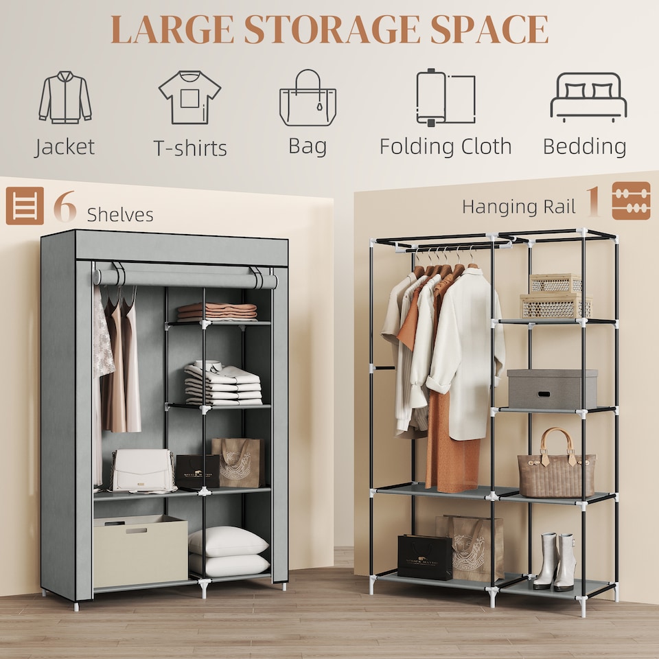 image 1 of HOMCOM Fabric Wardrobe, Portable Wardrobe with 6 Shelves, 1 Hanging Rail, Foldable Closets, 103 x 43 x 162.5 cm, Light Grey