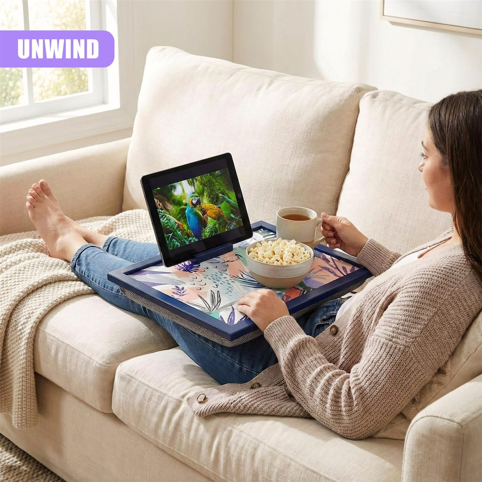 image 1 of GEEZY Palm Leaves Design Wooden Lap Serving Tray with Bean Bag Cushion 44x34cm