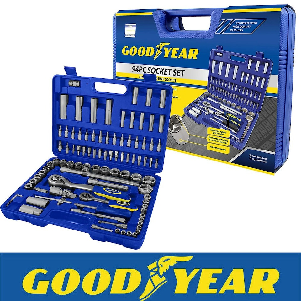 image 1 of Goodyear 94PC 1/2" 1/4" Socket Set & Screwdriver Bit Torx Ratchet Case Tool Kit