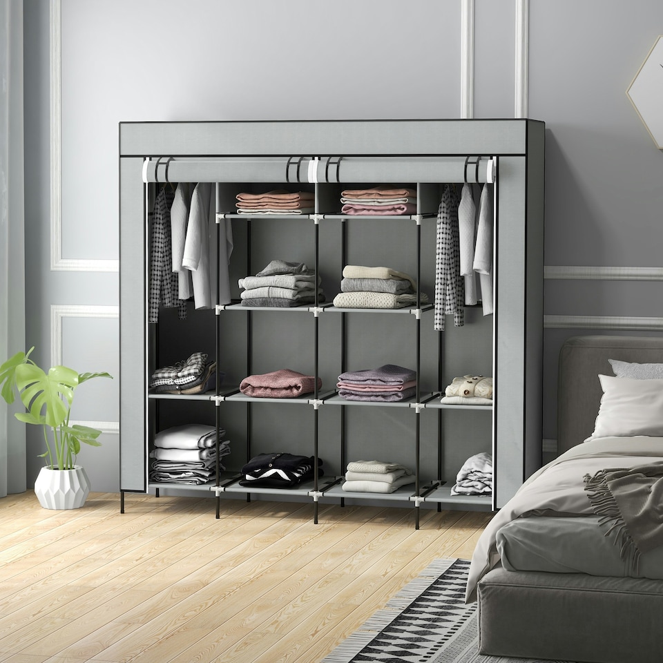 image 1 of HOMCOM Fabric Wardrobe w/ 12 Shelves 2 Hanging Rails Foldable Closets Grey