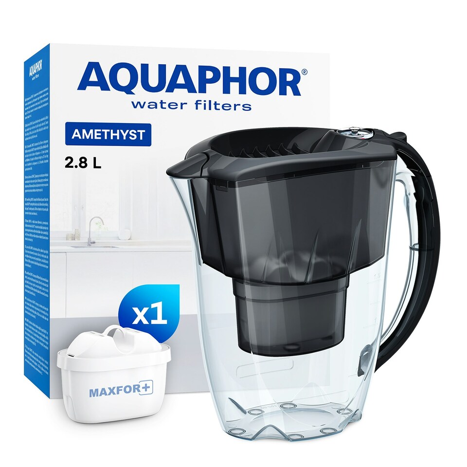 image 1 of AQUAPHOR 2.8 Litre Amethyst Water Filter Jug in Black with 1 x Maxfor+ filter