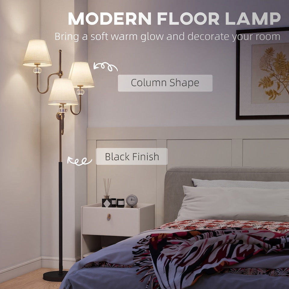 image 1 of HOMCOM 3-Light Floor Lamp, 165 cm Tall Standing Lamp with Foot Switch