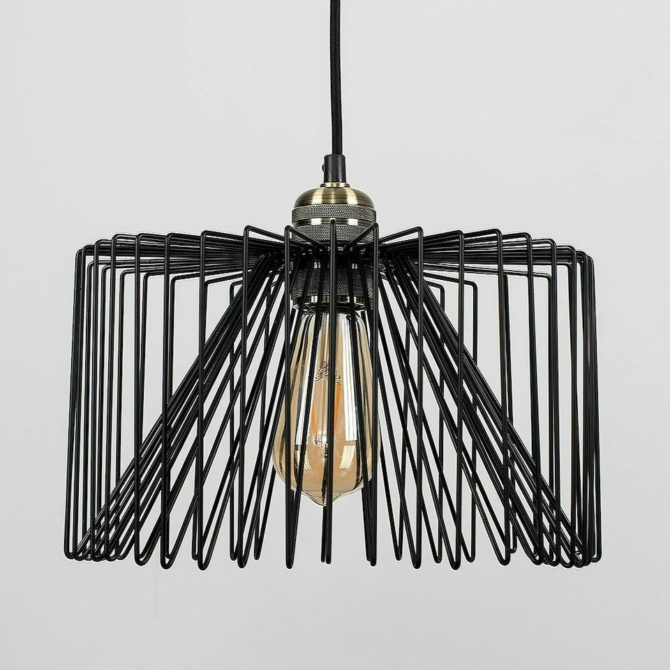 image 1 of ValueLights Casco Low-Hanging Lampholder Brushed Gold Pendant Light with Black Drum Shade and E27 Pear LED 4W Warm White 2700K Bulb