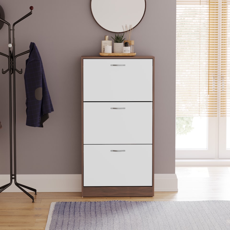image 1 of Vida Designs 3 Drawer Shoe Cabinet Shoe Rack Storage Cupboard, Walnut & White