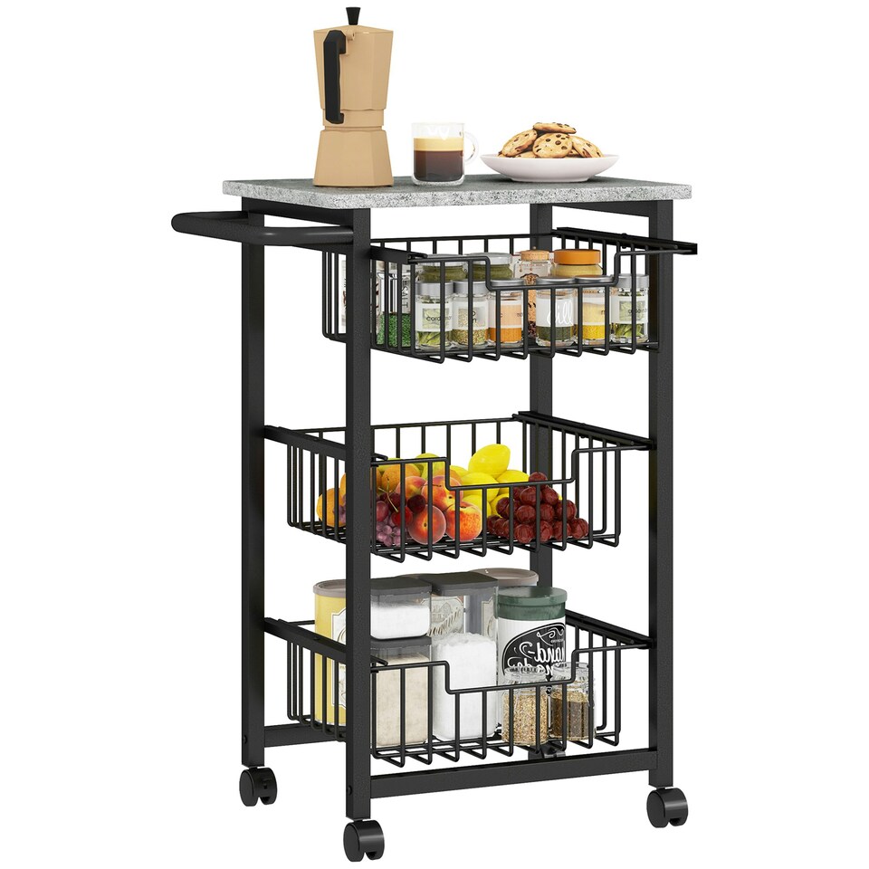 image 1 of HOMCOM 3-Tier Kitchen Island on Wheels with 3 Pull-Out Baskets, Light Grey