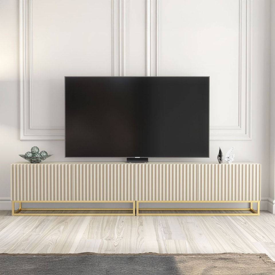 image 1 of TV Unit TV Stand Cashmere Gold Fluted Modular Media Console Sideboard Storage 200cm