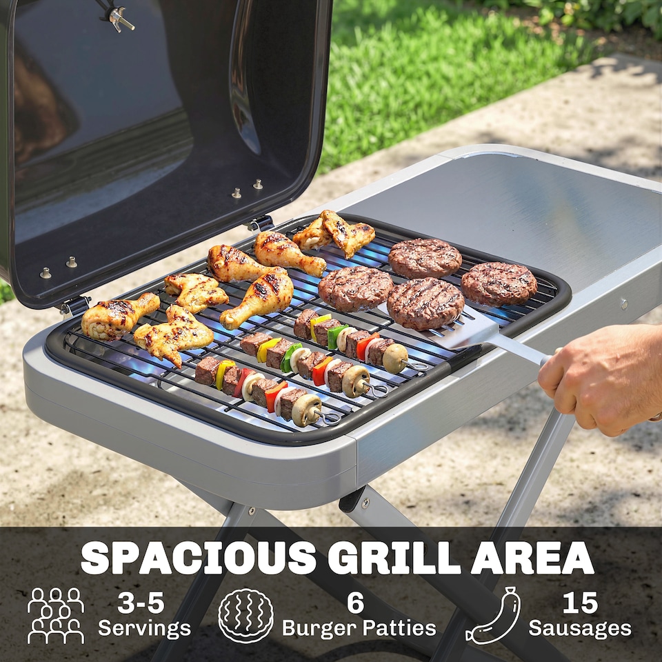 image 1 of Outsunny Foldable Gas BBQ Barbecue Grill with Side Table, 2.5 kW, Black | Black | Black | 109 x 55 x 89 cm