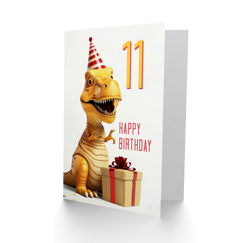 image 1 of T-Rex Dinosaur Party Hat Kids Age 11 Year old Kids 11th Birthday Card