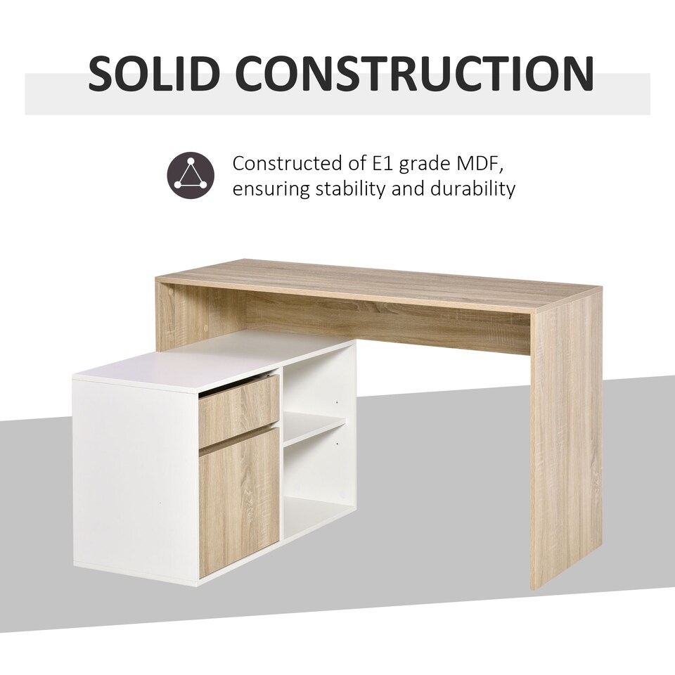 image 1 of HOMCOM L-Shaped Desk, Corner Computer Desk with Storage Drawer, Adjustable Shelf, Cabinet for Home Office and Study, 120 x 92 x 75cm, Oak and White