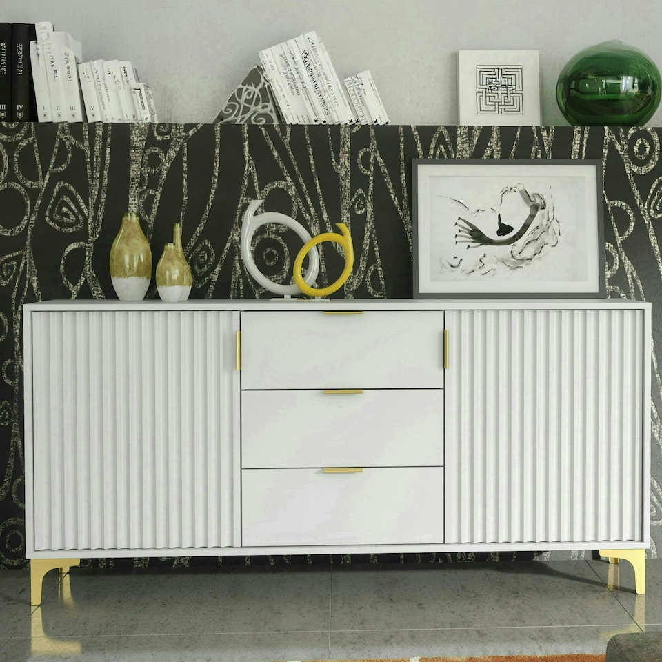 image 1 of Bold sideboard 140cm white ribbed fronts gold accents White