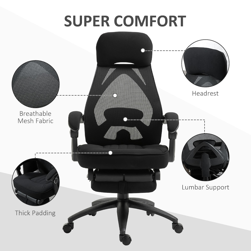 image 1 of Vinsetto Mesh Swivel Task Chair for Home Office Desk Recliner w/ Footrest Black