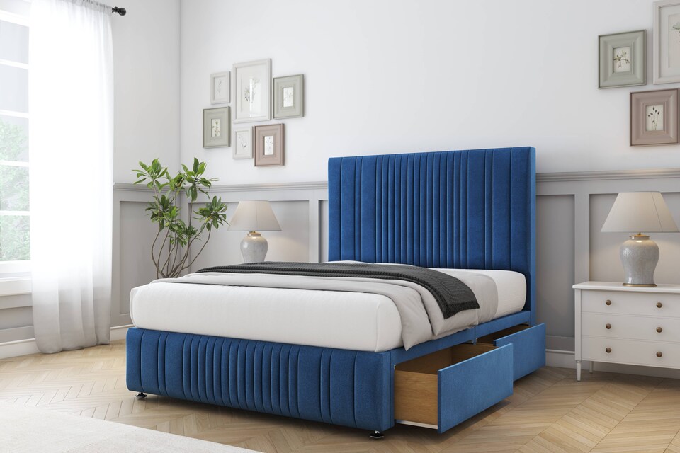 image 1 of Sloomy Kingsley Navy Plush Divan Bed With Mattress 2 Drawers Footend With 26" Strutted Headboard & 12" Matching Footboard 4' Small Double | Blue | Navy | Small Double | 1