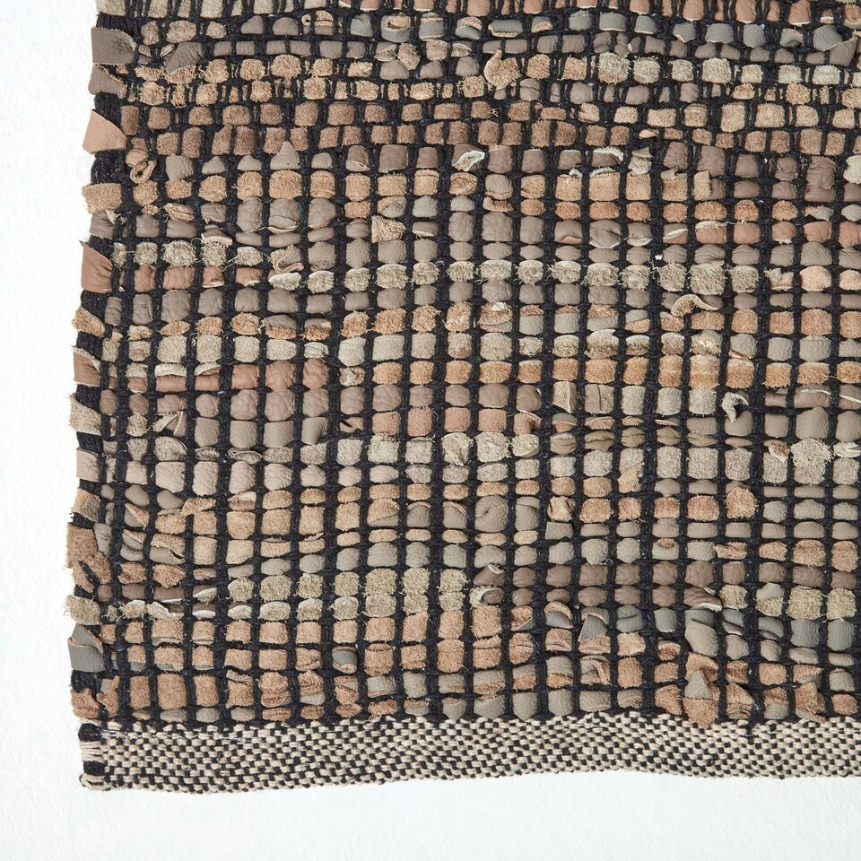 image 1 of Homescapes Black Recycled Leather Handwoven Herringbone Rug - 90 x 150 cm | Black | 90 x 150 cm