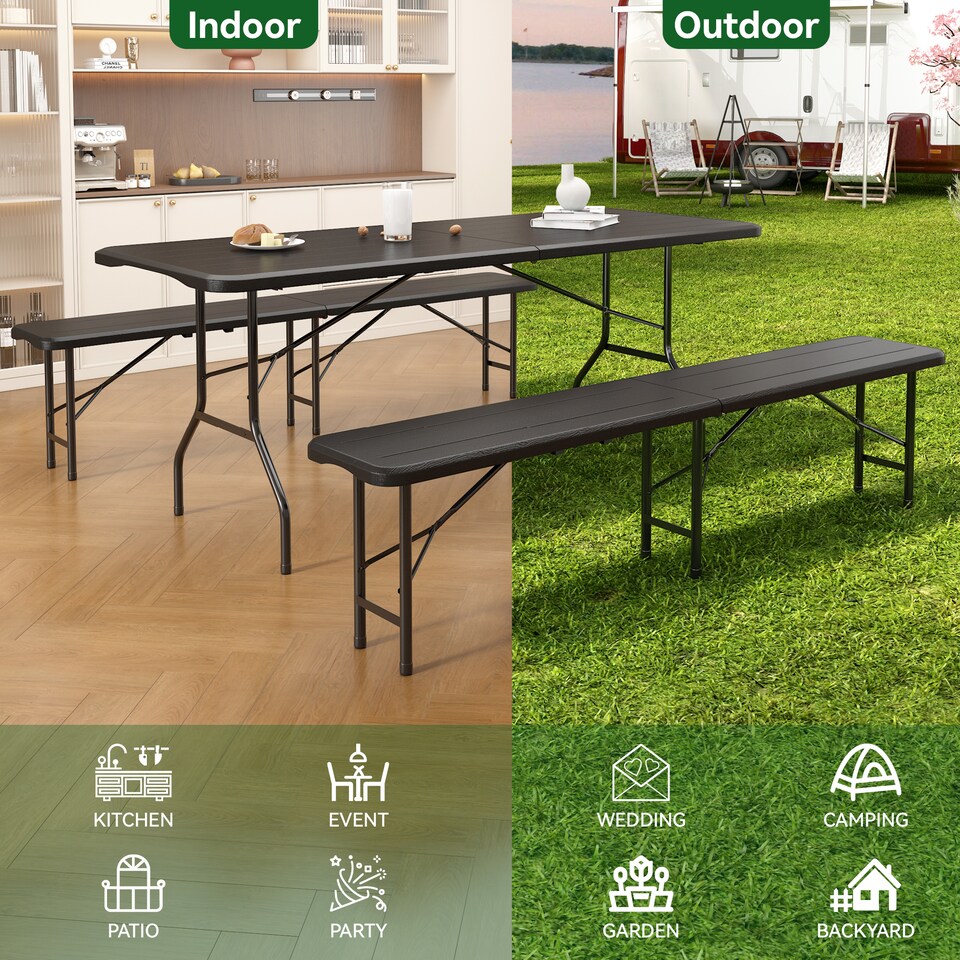 image 1 of 6ft Folding Table heavy duty Outdoor and Indoor use Garden Camping Event Table Dark Wood | Brown | Wood Effect