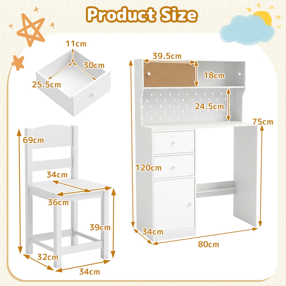 image 1 of COSTWAY Kids Desk and Chair Set Wooden Study Desk with 2 Cabinets