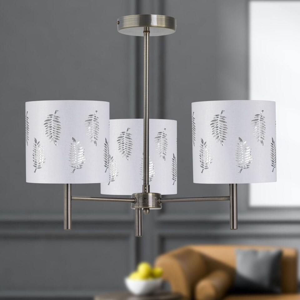 image 1 of Set of 2 Brea - Antique Brass 3 Light Fittings with White Fern Shades | Yellow | White | 2