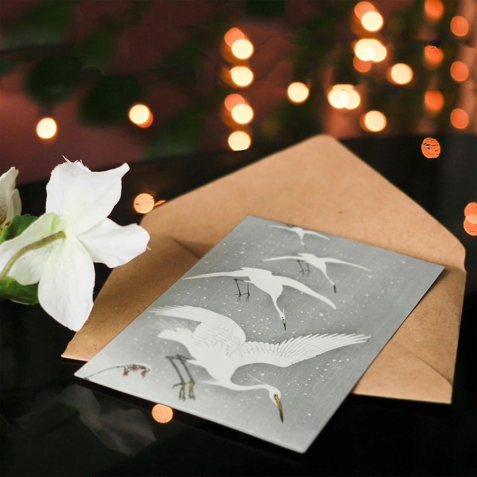 image 1 of Ohara Koson Art Card Descending Egrets In Snow Vintage