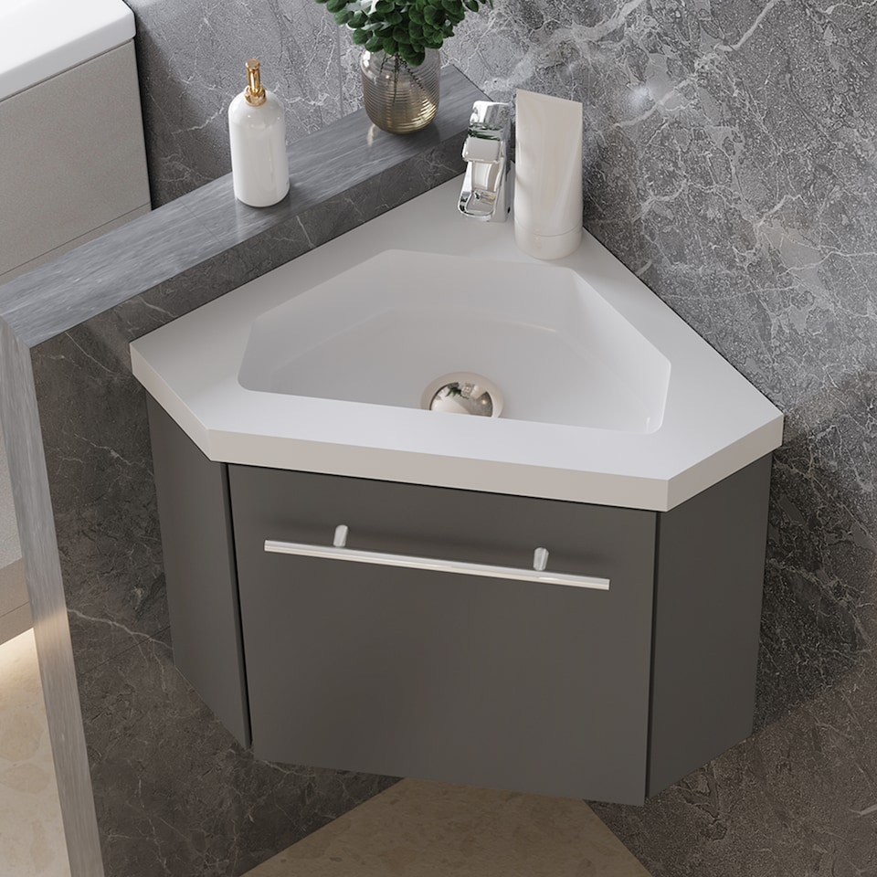 image 1 of AICA 395mm Matte Anthracite Bathroom Vanity Unit With Integrated Sink, 1 Door Soft-Close Place in the corner