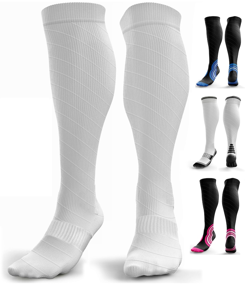 image 1 of aZengear Compression Socks for Women & Men (20-30 mmHg) Knee-High Flight Socks, Calf Support for Travel, Running - Seamless Toe, Padded Heel and Sole