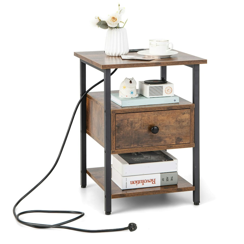 image 1 of COSTWAY 3-Tier Nightstand w/ Charging Station | Brown
